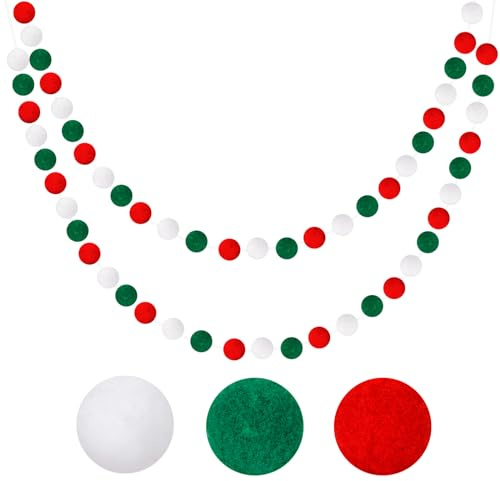 G2PLUS Aufgefädelt Weihnachten Filzkugeln Girlanden: 2 Stück Handgemachte Pompom Girlande in Rot, Grün und Weiß, für Weihnachten, Fest und Party Dekoration, 60 Bälle