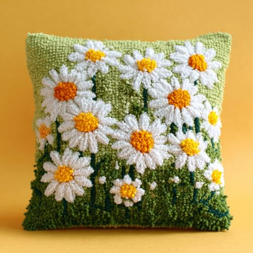 VwrxnchCoatx Latch Hook Cushion Kits for Adults Needlework Pillow Cover White Daisy Flowers43Cmx43Cm DIY Hooks Knitted Embroidered Carpet Pillow Embroidery Latch Hook Carpet Kit