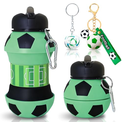 JhavexToy Borraccia Silicone Design Calcio per Bambini e Adulti,Borraccia Silicone Resistente Ecologica Pieghevole 550ML,Portachiavi da Calcio,Verde,Adatta a Campeggio Viaggi Sport