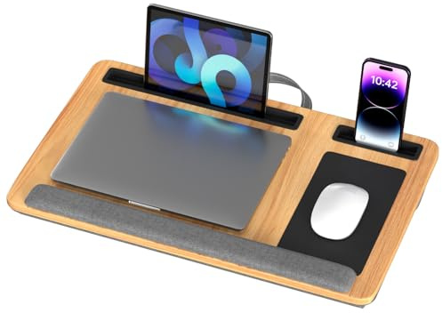 Hebitod laptopbord för säng & soffa, laptopkudde med musmatta, handledsstöd och mobiltelefonhållare, lämplig för bärbara datorer upp till 17 tum, valnöt, träutseende