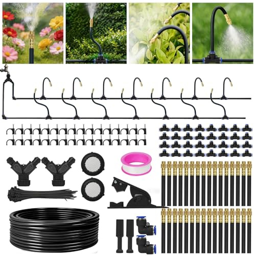 360° verstellbares Tropfbewässerungssystem – 60 m Gartenbewässerungssystem mit 32 Düsen, Gartenbewässerungssystem, Gewächshauszubehör, Zerstäubungssystem für Hof, Rasen, Pflanzen, 5/16 Zoll Schlauch