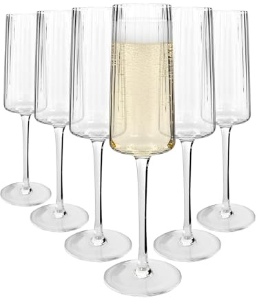 Argon Tableware Chelsea Optic Crystal Champagne Flutes 260ml - Pack of 6, Lead-Free Crystal Sparkling Wine Glass Set, Art Deco Design, Elongated Bowl, Gift Boxed Glassware