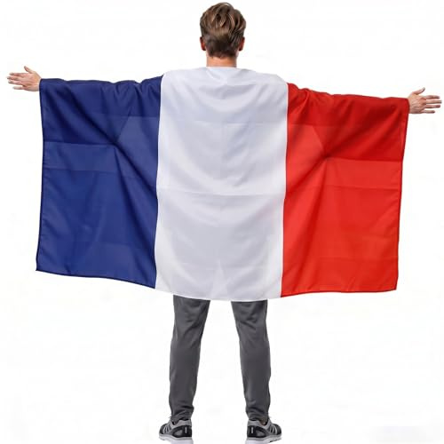YESAH Capa de Bandera Francia,90x150cm,Portátil,Con la Bandera Francia,Ideal Para Disfraces y Como Capa Ligera Para Estadios,Mundiales,Fiestas Públicas y Callejeras.