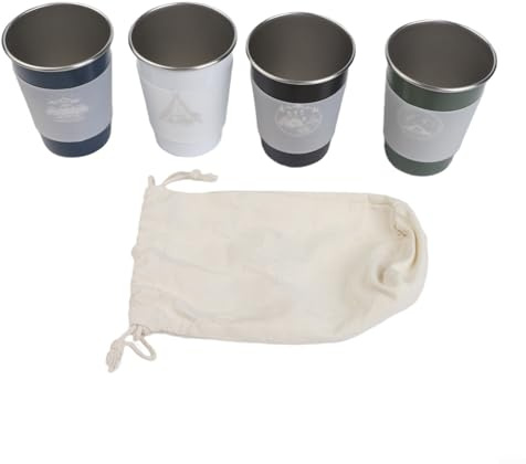 304 Edelstahl für Camping-Becher, 4-teiliges Set, 350 ml, leichte Outdoor-Kaffeetassen mit Aufbewahrungstasche, stapelbares Reise-Trinkgeschirr zum Wandern (350 ml, vier Farben)