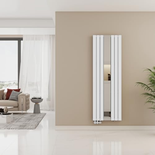 EMKE Radiador de Diseño con Espejo 1800 x 608 mm, Vertical Plano con Conexión Lateral, 2 en 1, Espejo Extraíble, Radiadors de Doble Panel para Entrada, Baño y Salón, Blanco, 1788 W
