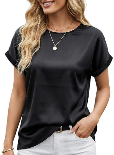 Lodnrimya Women's Short Sleeve Satin Blouse Casual Loose Crewneck Silk Shirts Summer Business Office Work Tops