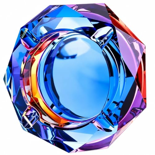 Ash Tray, 4.8-Inch Round Blue Glass Crystal Outdoor Ashtray Easy to Clean