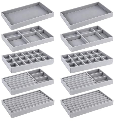10 Stück Schmucktablett Organizer aus Samt, Stapelbarer Schmuckaufbewahrung Schublade Schmuck Organizer Schublade Schubladeneinsatz für Aufbewahren Präsentieren Halsketten Armbänder Ohrringe Ringe