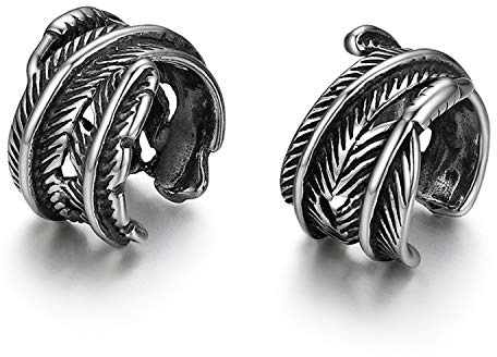 JewelryWe Män öronklämmor för män, retro blommor mönster/dödskalle/fjäder/blad rostfritt stål zirkon falsk piercing örhängen öronklämmor utan hål, svart/vit silver
