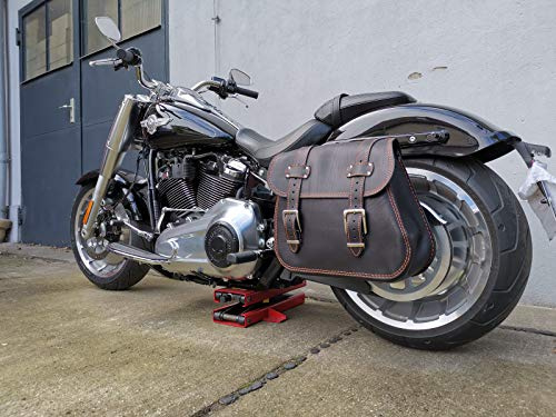 Zeus svart och orange sadelväska sidoficka läderfodra kompatibel med Harley Davidson Orletanos sidobagage väska läder HD