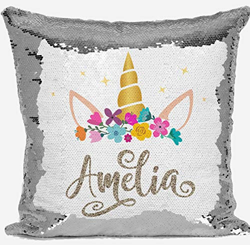 DAILY GIFTS Personalised Unicorn Any Name Magic Reveal Silver Sequin Cushion Cover Gift (Case + Filling)