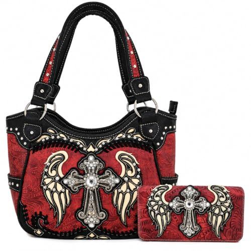 Western Style Rhinestone Cross Studded Laser Cut Wings Tooled Leather Purse Women Handbags Country Shoulder Bag Wallet Set