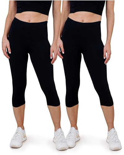 SES Pantalon Corsaire Femme - Lot de 2 en Coton Noir Tailles 42-44 / Legging 3/4 Opaque / Coupe Parfaite / Legging Coton