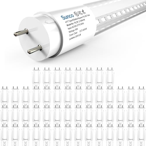 Sunco 50 Pack T8 LED Bulbs 4 Foot, Tube Light Bulbs Ballast Bypass, 48 Inch Fluorescent Replacement, 2200 LM, 18W, 6000K Daylight Deluxe, Single Ended Power, Type B, Clear Lens UL