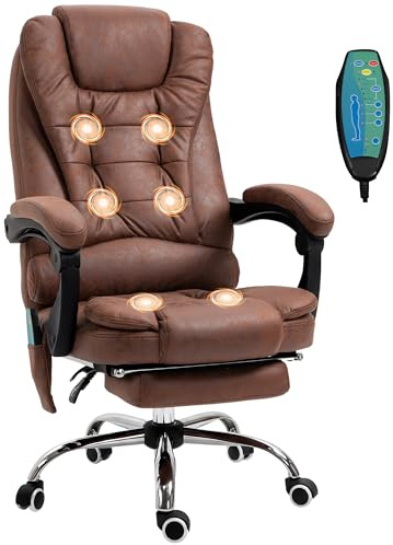 Vinsetto Massage Office Chair with 6-Point Vibrating, Heated Lumbar Support, Executive Desk Chair with Footrest, Reclining, Breathable Microfiber Fabric, High Back, Swivel Wheels, Brown