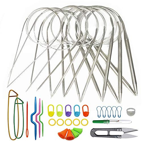 Nsiwem Rundstricknadeln aus Edelstahl 9 Stück Stricknadeln 80cm Häkelnadeln Set Edelstahl Runden Häkeln Stricknadeln Stahl Größen 1,5 mm bis 8,0 mm mit Strickwerkzeuge