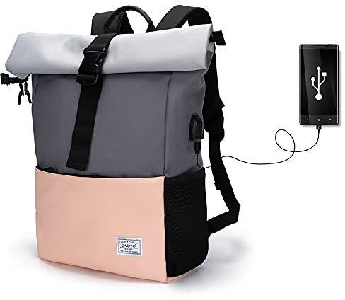 MoFut Rucksack Damen Herren Groß Schulrucksack viele Fächer mit 15,6 Laptopfach, Unisex Wasserdichter Rolltop Rucksäcke, Lässiger Backpack Schule Freizeit Uni Arbeit Wandern(Rosa-Grau).
