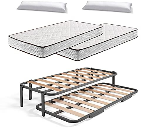 HOGAR24 ES Cama Nido Metálica Reforzada con 6 Patas + 2 Colchones Flexitex + 2 Almohadas de Fibra Tacto Pluma, 90x190 cm