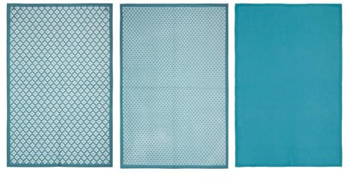 Atmosphera - Lot de 3 torchons imprimés - Coton - Bleu Canard - 45x70 cm