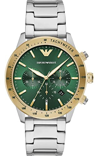 Emporio Armani Reloj Hombre, Movimiento cronógrafo, 43mm 2T Plata/Oro Caja de acero con correa de acero, AR11454, Verde y tono plata