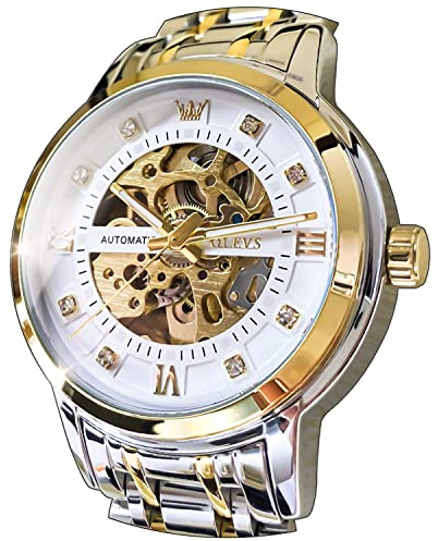 OLEVS Mens Gold Skeleton Watch Automatic Mechanical self Winding Luxury Dress Stainless Steel Waterproof Luminous Wrist Watches