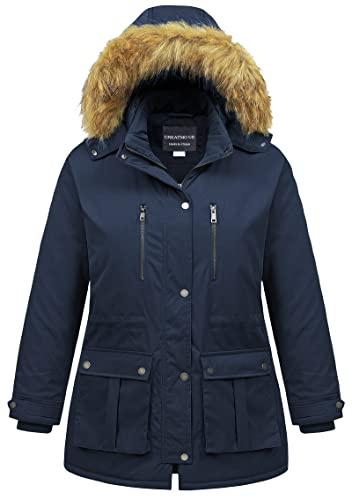 CREATMO US Women's Plus Size Winter Long Quilted Thicken Puffer Bubble Pregnancy Coat with Faux Fur Hood Navy Blue 3X
