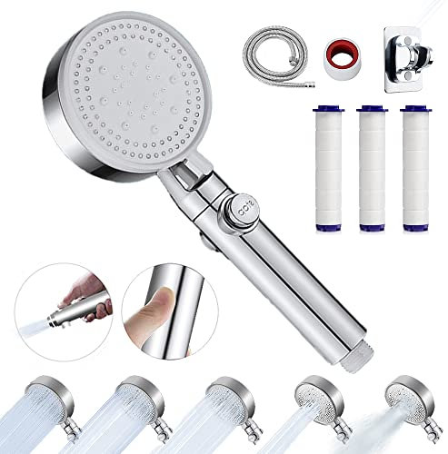 Wisada Douchette Pommeau de Douche 5 Modes de Douchette à main Douchette amovible Tête de douche et bouton de l'interrupteur +Tuyau de Douche Flexible Tuyau en Acier Inoxydable/Support(Argent)