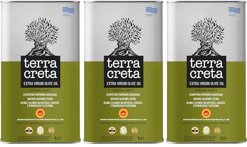 Terra Creta g.U. Extra natives Olivenöl aus Kreta - 3 x 1 Liter Kanister | Kaltgepresstes Olivenöl mit fruchtigem Aroma der Koroneiki Oliven - 1. Güteklasse - Traditionelle Herstellung in Kolymvari