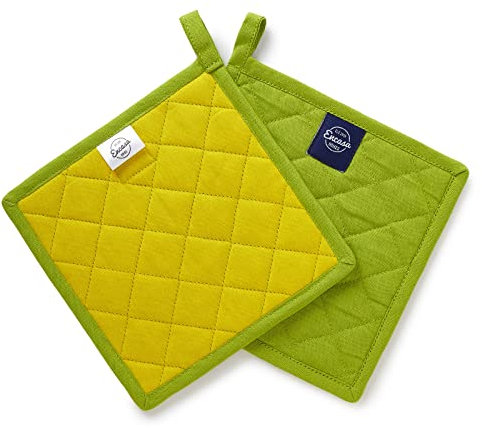 Encasa XO Presine in cotone resistente al calore con anello per appenderle - Set di 2 -Verde lime - Presina da cucina, barbecue e microonde - 21 cm