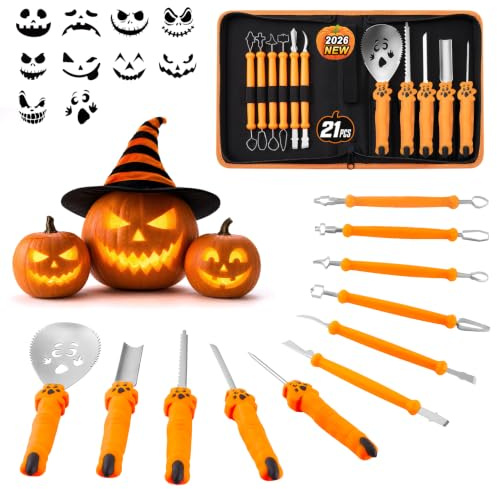 COOLUCK Kürbis Schnitzset mit Vorlagen - 11 Stück Halloween Kürbis Schnitzwerkzeug Carving Set mit Tragetasche und 10 Stück Schnitzvorlagen, Kürbis Schnitzmesser für Kinder & Erwachsene