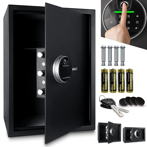 ONBEST elektr. Tresor mit Fingerabdruck, Zahlencode & Schlüssel – Safe aus Stahl mit 3 Schließbolzen – Geld, Wertsachen & Dokumente sicher verwahren – XL Möbel-safe 50x35x31cm groß (XL)