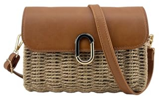 MODELISA - Bolso Bandolera Rafia Paja Con Solapa Hombro Cuadrada Casual Pequeño Mujer (Marron)
