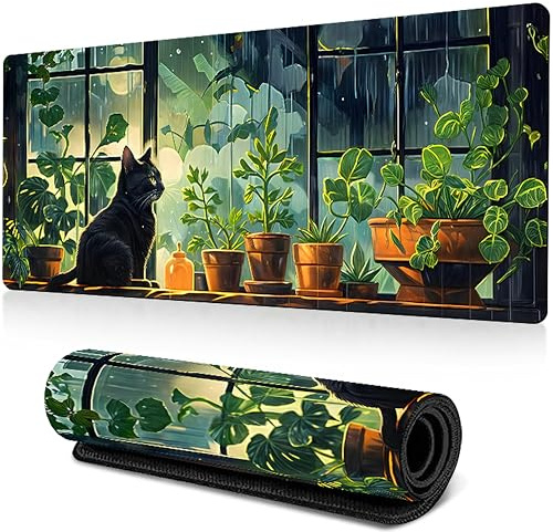 Niedliches Gaming Mauspad XXL, Grüner Schreibtisch Matte 800x300mm rutschfeste Gummibasis, Wasserabweisend Schreibtischunterlage für Home Office (Regen Kätzchen)