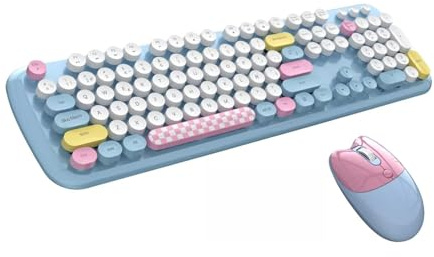 Zienstar-Pack de Teclado y Ratón Inalámbrico Español,Tecla Redondas Retro Vintage,Multicolores-Azul