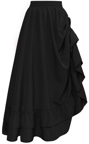 Women's Black Skirts Elastic High Waist Maxi Long Skirt Renaissance Retro Double Layer Tiered Swing Skirt L