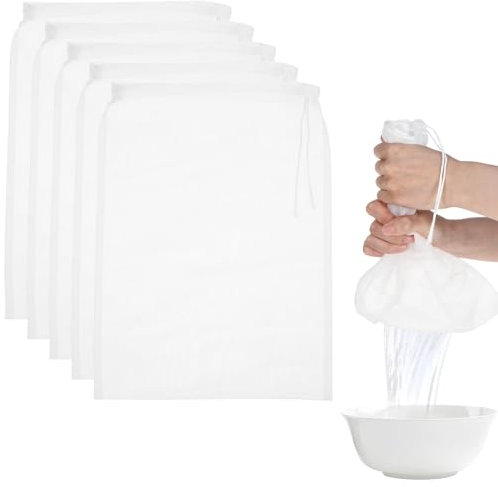Piriuuo 5 Stück Nussmilchbeutel, Filterbeutel Nussbeutel Wiederverwendbar Feinmaschiges Filter Nylon Siebbeutel mit Kordelzug Abseihen Beutel Waschbares für Fruchtsaft, Nussmilch, Kaffee, 20 x 30 cm
