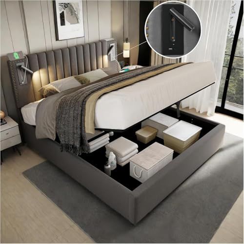 Sapgaks Lit capitonné 140x200cm, tête de lit Design Rivet avec Fonction de Chargement USB et liseuse, avec Coffre de lit à Rangement hydraulique, matière Coton, Gris (Matelas Non Inclus)