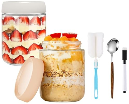 RICKMASK 2pcs Overnight Oats Jars,Tarros de Cristal con Tapa Hermética 500ml,Tarros para Avena Nocturna Reutilizables,Overnight Oats Jar, Vasos Yogurtera con Tapa Para Yogur, Gachas, Ensaladas