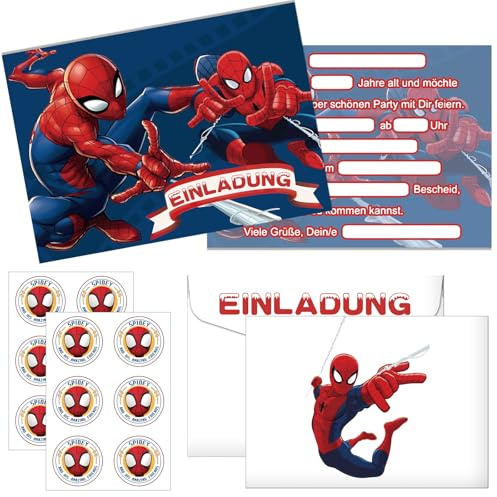 yumcute 12 Einladungen Spider Einladung Kindergeburtstag mit Umschlägen und Aufklebern Geburtstagsparty Einladungen,Partyeinladungen Superhelden Einladungen Kinder für Mädchen und Jungen