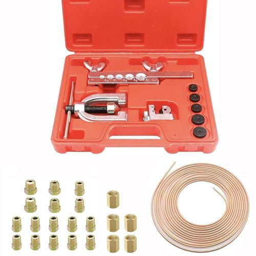 Flaring Tool Kit, Brake Pipe Flaring Tool Set, 7.62m Brake Line for Mechanic Hydraulic Brake Fuel Pipe Hose Repair, Copper-coated Alloy Brake Pipe