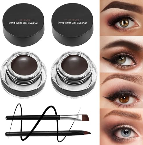 Boobeen 2 Colores Gel Delineador de Ojos Impermeable - Cejas Colores Gel Fórmula Larga Duración - Set de Maquillaje de Ojos con 2 Pack Pincel Delineador de Ojos y Pincel para Cejas