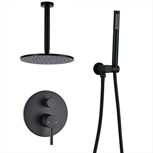 asdchZen Set Doccia in Ottone Nero, Rubinetto per Bagno, Braccio Doccia, Miscelatore Deviatore, Set di Doccetta con Soffione A Pioggia, Parete,16 inch Ceiling