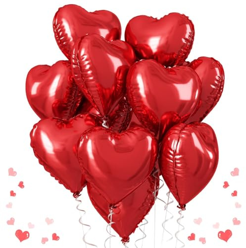 Red Heart Balloons, 18 Inch Metallic Red Foil Balloon Helium 10Pcs Large Ruby Heart Shape Foil Balloons for Wedding Girls Women Birthday Anniversary Bachelorette Valentines Day Baby Shower Mother Day