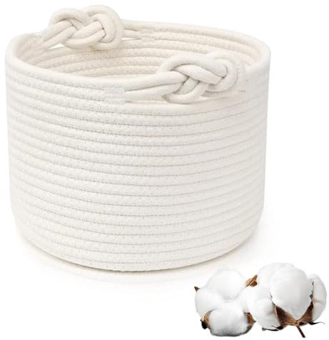 Kleiner Aufbewahrungskorb, Korb Geflochten mit Griffen, Stapelbare Wäschekorb Rund Baumwollkorb Korb Aufbewahrung Kinder für Organisieren von Kleidung, Badezimmer, Spielzeug, 24×18cm (Weiß)