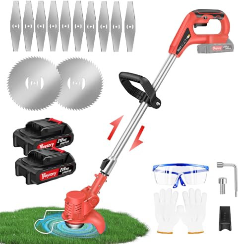 21V Cordless Strimmer, Telescopic Lightweight Grass Trimmer with 12 Metal Blades, 2 x 1500mAh Battery & Charger, 90° Head Rotation, Electric Garden Strimmer Grass Cutter for Lawn Edger Pruning Weed