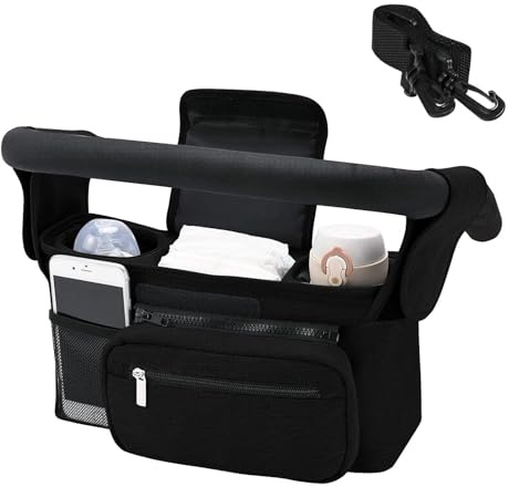 Baby Stroller Organiser Bag, Universal Fit with Insulated Cup Holders & Detachable Zippered Pocket, Adjustable Shoulder Strap, Large Capacity for Baby Essentials, Black