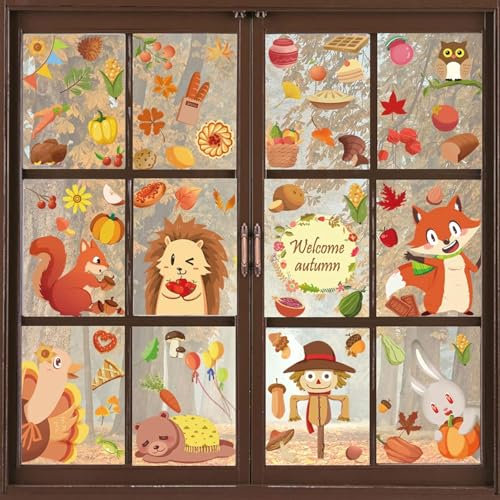 149 Stück Fensterbilder Herbst Selbstklebend, Erntedankfest Fensteraufkleber Wiederverwendbar, Ahornblätter Kleintiere Kürbis Fensterdeko Herbst für Kinderzimmer Thanksgiving Deko