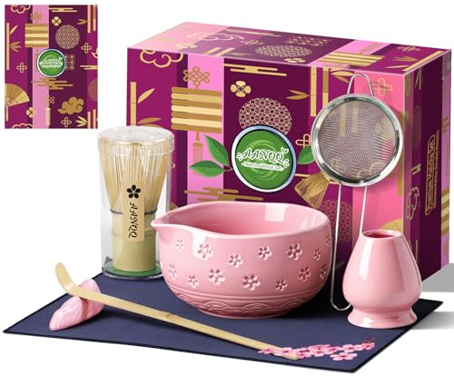 AANQQ Kit Matcha Rosa: Matcha Set 7 piezas - Cuenco de matcha con pico 560 ml - Chasen bambú matcha - Cuchara matcha y Colador de matcha Kit té matcha, Ideal para principiantes y amantes del matcha