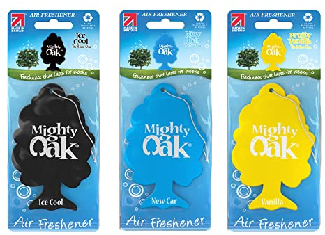 Mighty Oak Air Freshener Triple Pack – Ice Cool, New Car, Vanilla Fragrance - Long Lasting Hanging Car Deodoriser – Odour Eliminator Air Freshener – Auto Accessories – Made in UK - 3 Pack