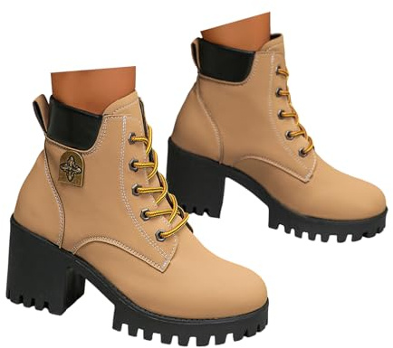 Xbemkste ankelstövlar dam med tung klack casual snörstövlar korta bikerstövlar rund tå kort skaft stövlar eleganta ankelstövlar ankelstövlar övergångsstövlar, BRUN, 40.5 EU